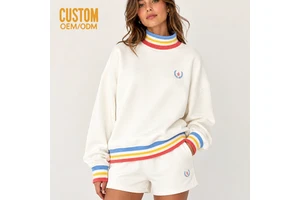 Custom Womens Varsity MockNeck Striped Rib French Terry Fleece Oversize Sweatshirt 2 Piece Set With Embroidery Shorts Casual Set