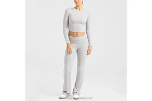 Activewear Cotton Loungewear Ribbed 2 Piece Fold Over Flare Pants Set Workout Long Sleeve Crop Top And Flared Legging Yoga Set