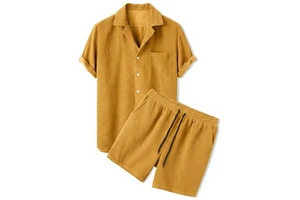 Custom OEM Summer Breathable High Quality Spandex/Cotton Men's Ribbed Set-Mustard Yellow Textured Short Sleeve Shirt Shorts