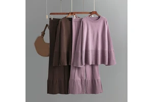 Loose Knit Suit Spring / Autumn Fashion Flared Sleeves With Round Neck Slit Loose Fashion Suit Set