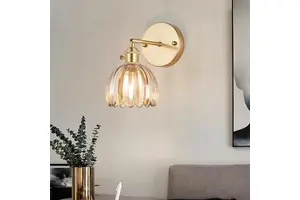 Japanese Retro Nordic Simple All-Copper Glass Amber Flower Single-Head Chandelier for Bedroom Bar for Milk Tea Wall Lamps