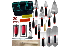 20-Piece Plastering Tool Set, Trowel, Masonry Trowel, Level, Shaper & Bag, for Masonry, Cement, Putty Smoothing & Joint Cleaning