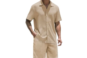Men's Beige Textured 2 Piece Outfit Short Sleeve Camp Collar Shirt & Matching Shorts Summer Casual Tracksuit Set