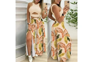 Spring Summer Sleeveless Vest Suit Set Women Slim Tight Hollow T-shirt+Wide Leg Split Pants Outfits Casual Loose Two Pieces
