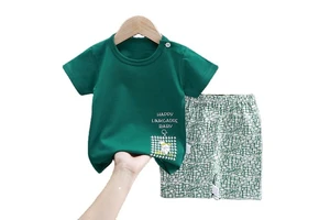 2025 Summer New Casual Kid's Clothes Cotton Suit Printed Short Sleeved Round Collar T-shirt Short Pants Baby Suit