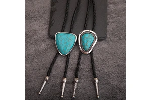 Western Turquoise Triangle Bolo Tie, Adjustable Braided Leather Cowboy Bolo Necktie For Men Women