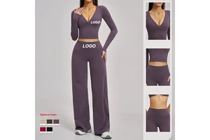 Quick Dry Stretch Yoga Set Long Sleeve Deep V Shirt Flare Pants Spandex Women's Activewear OEM Custom