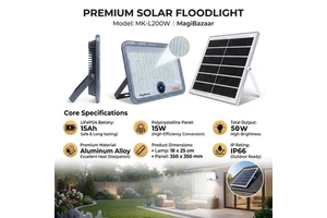 MK-L200W Solar Flood Light IP66 36-Hour Runtime 7000K GaN Fast-Charging LED Landscape Garden Remote Control Solar Light RoHS