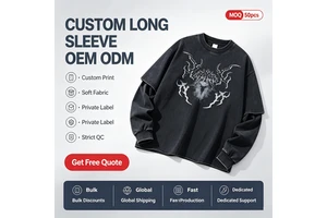 Vintage Washed Fake Two Piece Long Sleeve Tee Custom Gothic Print Streetwear Men Oversized Crewneck Sweatshirt OEM ODM Wholesale