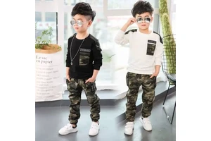 Children's Stylish Korean Fashion Summer Set Western-Style Camouflage Short-Sleeved Suit Casual Boys Hair Design Made Cotton