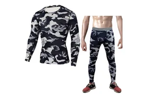 Men's Compression Camouflage Long Sleeve Top And Full Length Pants Set Sweat-Wicking Performance Activewear For Gym Exercise