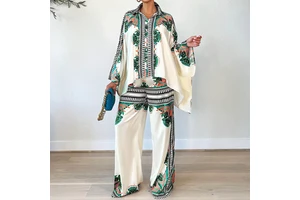Spot ANSZKTN Summer New Leisure Printed Bat Sleeve Top Loose Pants Two-piece Set Female Casual Suits
