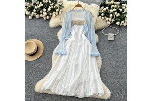 Ladies 2 Piece Set Flare-Sleeve Cover-Up Lace Trimmed Slip Dress Set Lightweight Summer Layered Outfit Two-Piece Suit