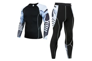 New Style Sporty Breathable Compression Tights and Long-sleeved Sports T-shirts Set for Men Autumn Skinny Fit