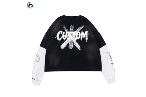 Mens Heavyweight Cotton Tshirt Luxury Oversized Custom Design Streetwear Boxy Dirty Wash Two-piece Set Of Long-sleeved T-shirts