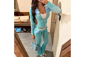 Wholesale Custom Y2K Vintage Velour Tracksuit Women Velvet Zip Up Hoodie And Flared Pants Sweatsuit Two Piece Lounge Sets