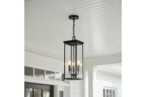 3-Light Black Iron Rectangle E12 Bulb Waterproof Adjustable Height Dimmable Outdoor Porch Front Door High Ceiling Pendant Lights