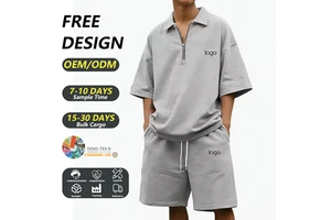 Premium Gradient Polo Shirt Set, Half Zip Short Sleeve Sweatshirt Top with Matching Shorts Custom Logo Casual Outfit