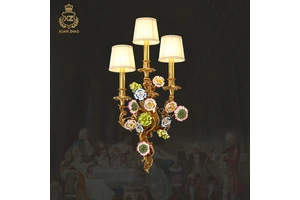European Living Room Brass Fabric Wall Lamp French Classic Bedroom Bedside Lights Stairway Aisle Study Ceramic Flower Wall Light