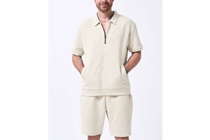 Men Casual Full Zip 2 Pieces Short Sleeve Set Texture Solid Lapel Collar Cardigan Casual Athletic Workout Outfits With Pockets