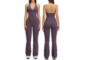 New Deep V Padded Vest Sleeveless Muscle Shirts Halter Neck Racerback Gym Tops Flare Pants Fitness Workout Yoga Suit Outfits