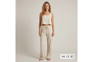 Custom Linen Lyocell Lounge Set Women Crop Tank Top Wide Leg Pant 2 Piece Summer California Cool 180GSM OEM S To 5XL