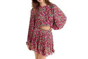 Customize Ladies Casual Long Sleeve Puff Sleeve Floral Pleated Bubbled 100% Polyester Eco-Friendly Summer Top and Skirt Suit