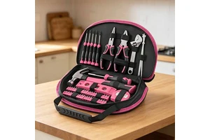 Handy 63 Piece Pink Tool Kit for Dorm Room DIY Assembly with Small Lightweight Case and Essential Household Tools