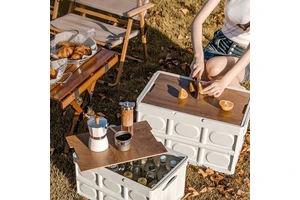 Multifunctional Outdoor Folding Storage Box With Wooden Lid Camping Plastic Collapsible Storage Containers