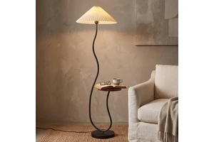 Modern LED Floor Lamp with Side Table Pleated Lampshade Curved Wavy Stand Ambient Light for Living Room Home Decor