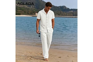 Custom Men's Breathable Knitted Comfortable Button Casual Short Sleeve Shirt Trousers Piece Set Beach Wear Essentials Sweats