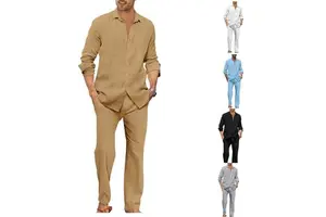 New European American Men's Summer Casual Suit Long Sleeve Stand Collar Shirt Cardigan 2-Piece Set 100% Bamboo