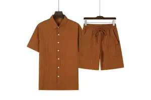 Men's Cotton Short Sleeve Shirt And Shorts Set Solid Color Turn-down Collar Casual Summer Outfit Breathable Woven Fabric