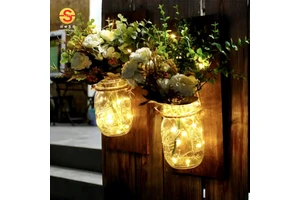 Set 2 Romantic Remote Control Decorative Hanging Mason Jar Light Garden Rustic LED Wall Lamps Flowers 20 LED Lights Stained