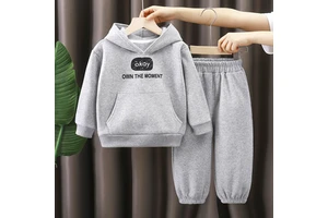 Two-piece Children's Long-sleeved Sweatshirt Set for Autumn and Winter, Solid Color Hooded Sportswear