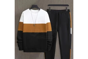 Men's Summer Casual Breathable Knitted Long Sleeve 2-Piece Tracksuit Set Oversized Solid Sweatshirt Joggers (100% Polyester)