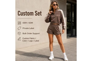 Wholesale Two Piece Set Womens Mocha Cotton Fleece Quarter Zip Up Cropped Sweatshirt Ivory Contrast Panel Casual Shorts Set