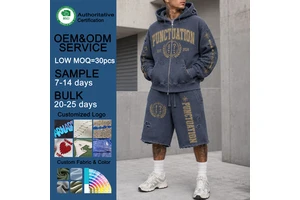 OEM Custom High Quality Zip Up Hoodie And Shorts Set Distressed Acid Wash Screen Printing Waffle Knit Long Sleeve Tracksuits Set