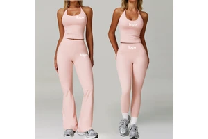 Women's Fitness Two-Piece Set High Waist Flare Yoga Leggings Casual Wear Gym Sports Workout Halter Neck Bra Set