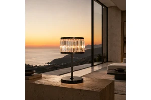 Elegant Drum Crystal Shade Table Lamp Anti Slip Round Black Base For Duplex Bedroom Nightstand Desk Lamp
