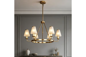 Modern Luxury 6-Light Gold Copper Chandelier Ribbed Glass Shades LED 6000K Daylight Nordic Style Concealed Pendant Light