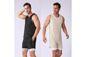 Men's Sleeveless 2 Pieces Outfits Tank Tops Tracksuit Short Sleeve Men's Workout Tank Tops Gym 2 In1 Mesh Sports Shorts Set