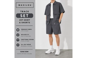 High Quality Men's 100% Polyester Solid Summer Formal Loose Breathable Quick Dry Short Sleeve Set