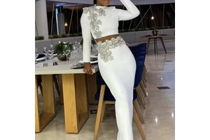 2025 Early Autumn Casual New Neck Long-Sleeved Short Top Long Skirt Three-Dimensional Set Diamond Flower Bandage Suit