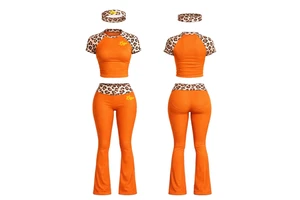 Leopard Print Loungewear Women Set Custom Logo Women Summer Clothing Short Sleeve With Long Women Flared Pants Set