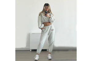 Custom Womens Oversized Long Sleeve Waffle Lounge Sets Zip Up Cropped Hoodie Pants 3 Piece Outfits 3D Embroidery Front