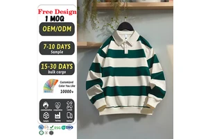 Custom High Quality Vintage Men's Y2k Casual Sweatshirt Oversized Cotton Green Striped Rugby Polo Button Long Sleeve Polo Shirt