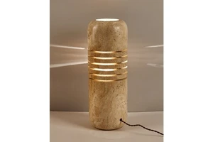 Luxury travertine stone table lamp with carved groove design warm ambient glow modern decor accent for bedside living room