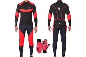 Winter Cycling Set Long Sleeve Jersey Thermal Bib Tights & Full Finger Gloves Breathable Features