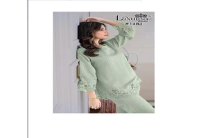 Popular Pastel Green Embroidered Co Ord Set Stylish Lace Detailing & Flared Sleeves for Woman